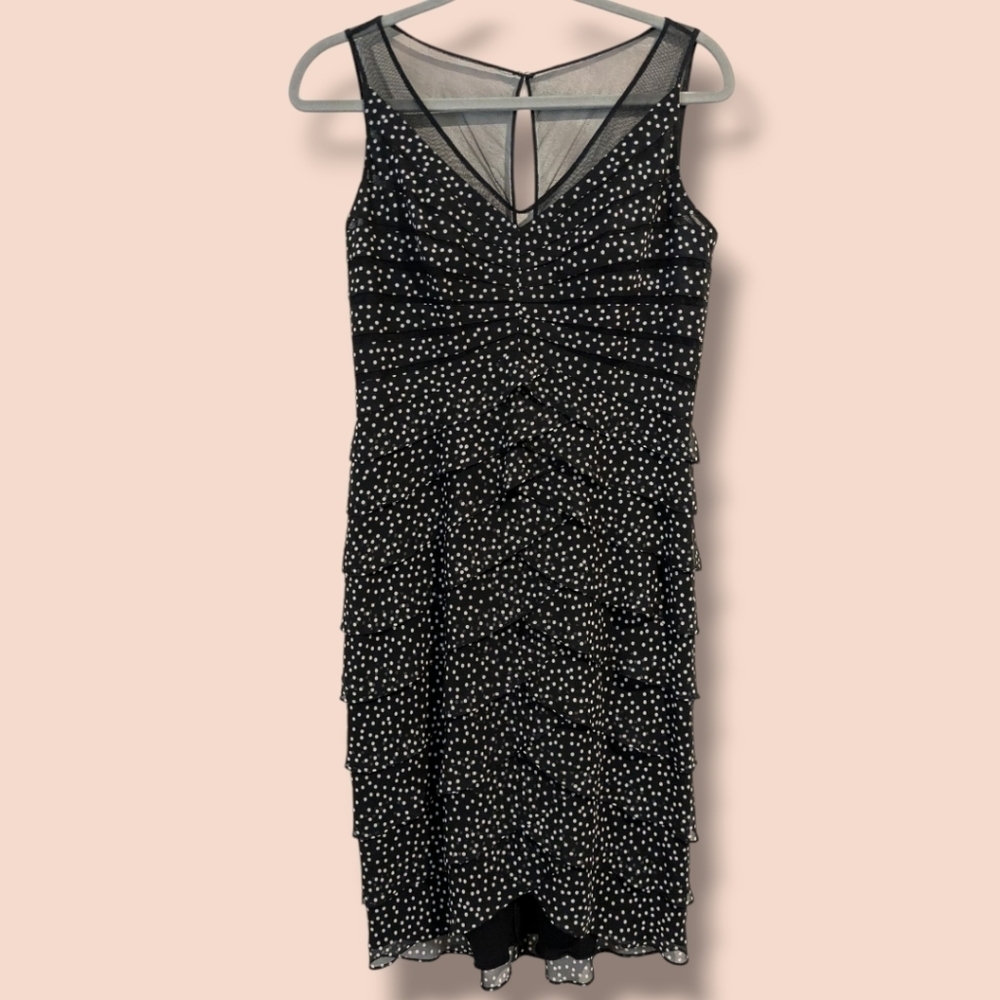 Adrianna Papell Black And White Polka Dot Chiffon Tiered Sleeveless Midi Dress
